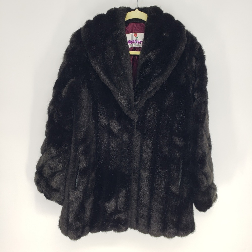 Vintage 80s Monterey Fashions Faux Mink Fur Shawl Collar Coat Women 8 Dark Brown